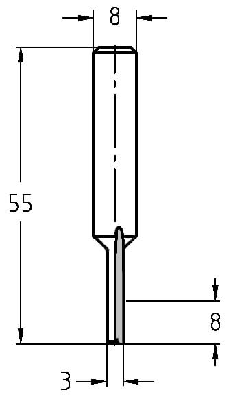 Technische Zeichnung: VHW Nutfräser Ø 3 mm, NL 8 mm, S 8 mm, GL 55 mm Maße