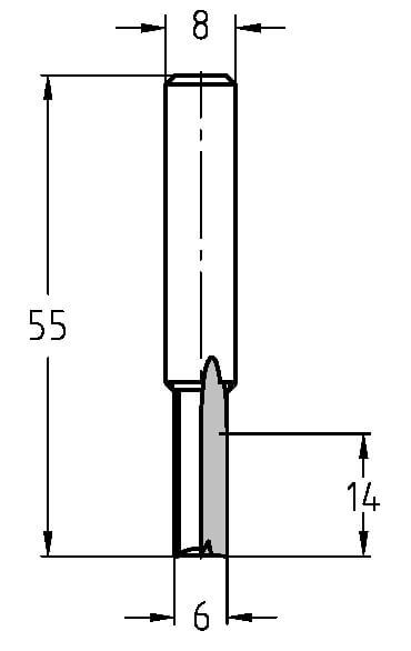 Technische Zeichnung Nutfräser Ø 6mm NL 14mm S 8mm – Abmessungen und Details