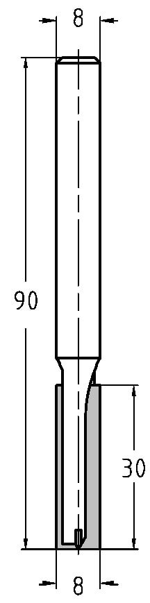 Technische Zeichnung Nutfräser Ø 8mm NL 30mm GL 90mm S 8mm – Maße für tiefe Nuten