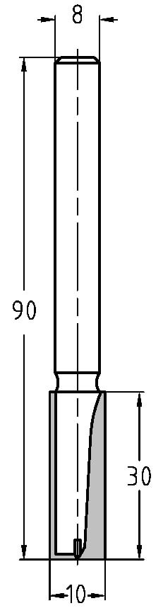 Technische Zeichnung Nutfräser Ø 10mm NL 30mm GL 90mm S 8mm – Abmessungen für tiefe Fräsarbeiten