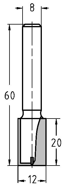 Technische Zeichnung Nutfräser Ø 12mm NL 20mm S 8mm – Präzise Maße für Ihre Projekte
