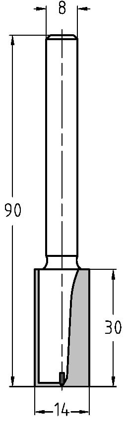 Technische Zeichnung Nutfräser Ø 14mm NL 30mm GL 90mm S 8mm – Maße für tiefe Fräsarbeiten