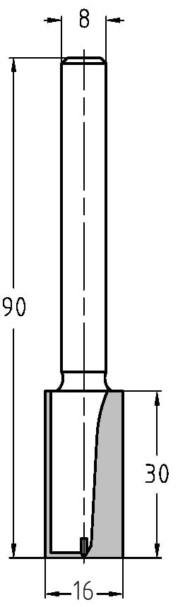 Technische Zeichnung Nutfräser Ø 16mm NL 30mm GL 90mm S 8mm – Maße für tiefe Fräsarbeiten