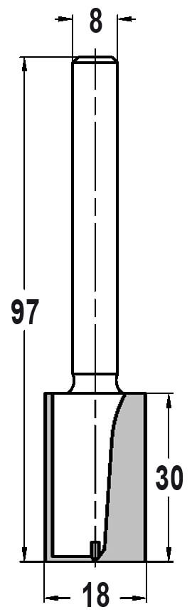 Technische Zeichnung Nutfräser Ø 18mm NL 30mm GL 97mm S 8mm – Maße für extreme Frästiefen