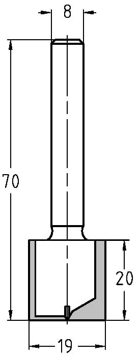 Technische Zeichnung Nutfräser Ø 19mm NL 20mm S 8mm – Exakte Maße für die Werkstattplanung