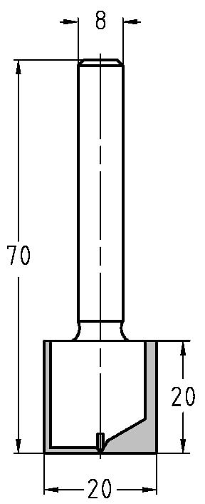 Technische Zeichnung Nutfräser Ø 20mm NL 20mm S 8mm – Exakte Maße für breite Fräsarbeiten