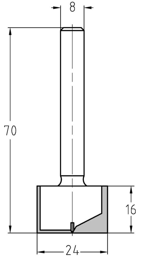 Technische Zeichnung Nutfräser Ø 24mm NL 16mm S 8mm – Exakte Maße für großflächige Fräsarbeiten