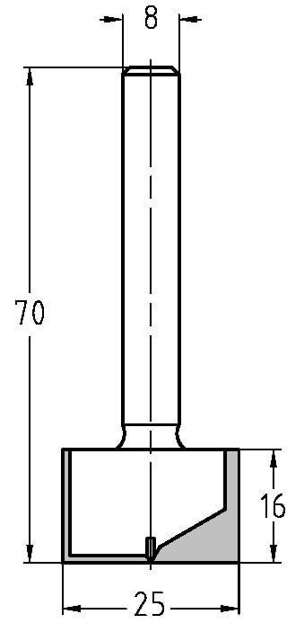 Technische Zeichnung Nutfräser Ø 25mm NL 16mm S 8mm – Exakte Maße für großflächige Fräsarbeiten