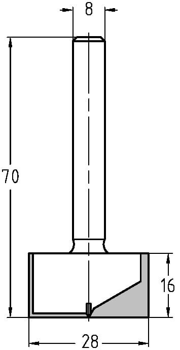 Technische Zeichnung Nutfräser Ø 28mm NL 16mm S 8mm – Exakte Maße für Planfräsarbeiten