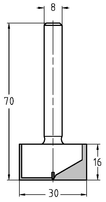 Technische Zeichnung Nutfräser Ø 30mm NL 16mm S 8mm – Maße für XXL-Planfräsarbeiten