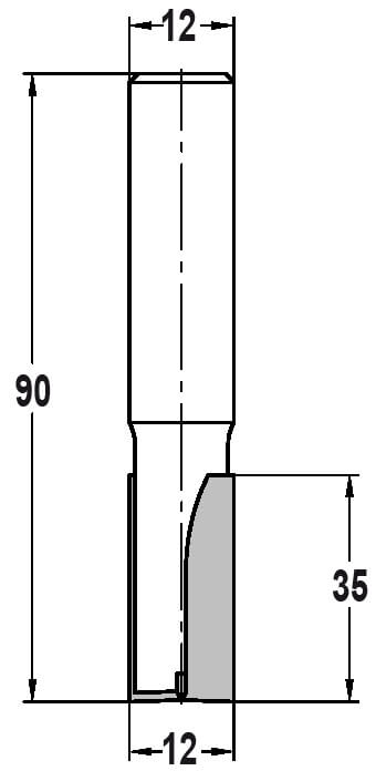 Technische Zeichnung Nutfräser Ø 12mm NL 35mm GL 90mm S 12mm – Exakte Maße für tiefe Fräsungen