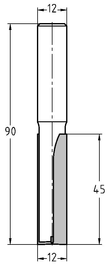 Technische Zeichnung Nutfräser Ø 12mm NL 45mm GL 90mm S 12mm – Maße für extrem tiefe Fräsungen