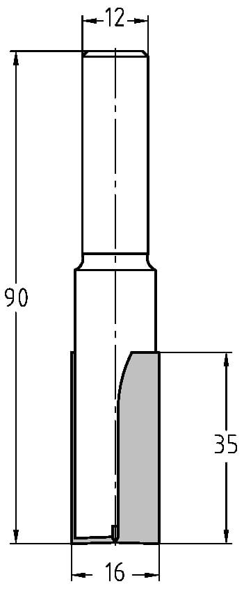 Technische Zeichnung Nutfräser Ø 16mm NL 35mm GL 90mm S 12mm – Exakte Maße für Holzverbindungen