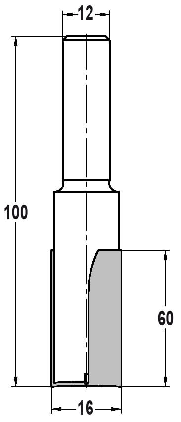 Technische Zeichnung Nutfräser Ø 16mm NL 60mm GL 100mm S 12mm – Maße für maximale Frästiefen