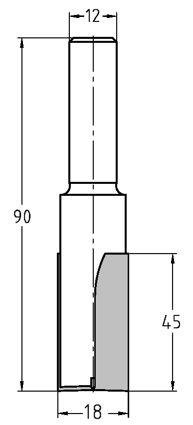 Technische Zeichnung Nutfräser Ø 18mm NL 45mm GL 90mm S 12mm – Maße für tiefe Fräsarbeiten