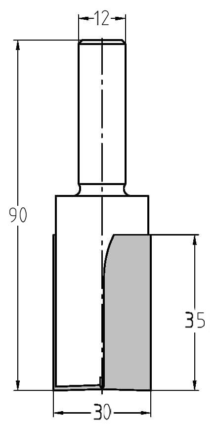 Technische Zeichnung Nutfräser Ø 30mm NL 35mm GL 90mm S 12mm – Maße für großflächige Fräsarbeiten