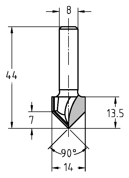 Maßzeichnung JSO 90° V-Nutfräser: Durchmesser 14 mm, Faselänge 7 mm, Gesamtlänge 44 mm.
