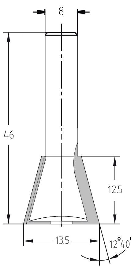 Technische Maßzeichnung des JSO Schwalbenschwanzfräskörpers ohne Vorschneider mit Angaben für Durchmesser 13,5 mm, Nutzlänge 12,5 mm, Winkel 12°40' und Gesamtlänge 46 mm.