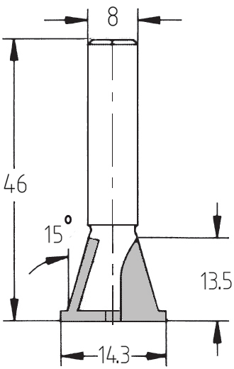 Technische Maßzeichnung des JSO Schwalbenschwanzfräskörpers mit Vorschneider mit Angaben für Durchmesser 14,3 mm, Nutzlänge 13,5 mm, Winkel 15° und Gesamtlänge 46 mm.