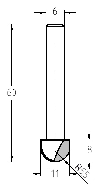 Maßzeichnung des Hohlkehlfräsers: Radius 5,5 mm, Außendurchmesser 11 mm, Nutzlänge 8 mm und Gesamtlänge 60 mm.