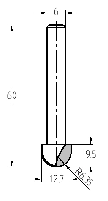 Maßzeichnung des Hohlkehlfräsers: Radius 6,35 mm, Außendurchmesser 12,7 mm, Nutzlänge 9,5 mm und Gesamtlänge 60 mm.