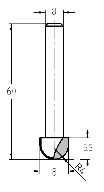 Maßzeichnung des Hohlkehlfräsers: Radius 4 mm, Außendurchmesser 8 mm, Nutzlänge 5,5 mm und Gesamtlänge 60 mm.