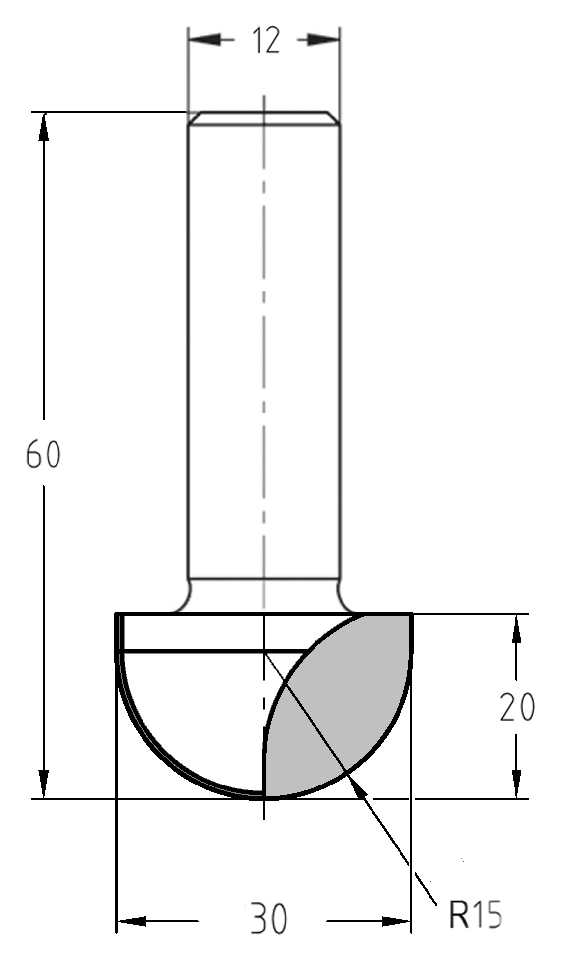 Maßzeichnung des Hohlkehlfräsers: Radius 15 mm, Außendurchmesser 30 mm, Nutzlänge 20 mm und Gesamtlänge 60 mm.