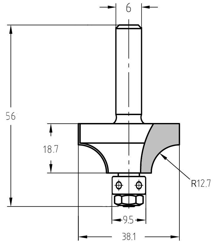 Technische Maßzeichnung des JSO Viertelstabfräsers R 12,7 mm mit Angaben für Durchmesser (38,1 mm), Nutzlänge (18,7 mm) und Gesamtlänge (56 mm).