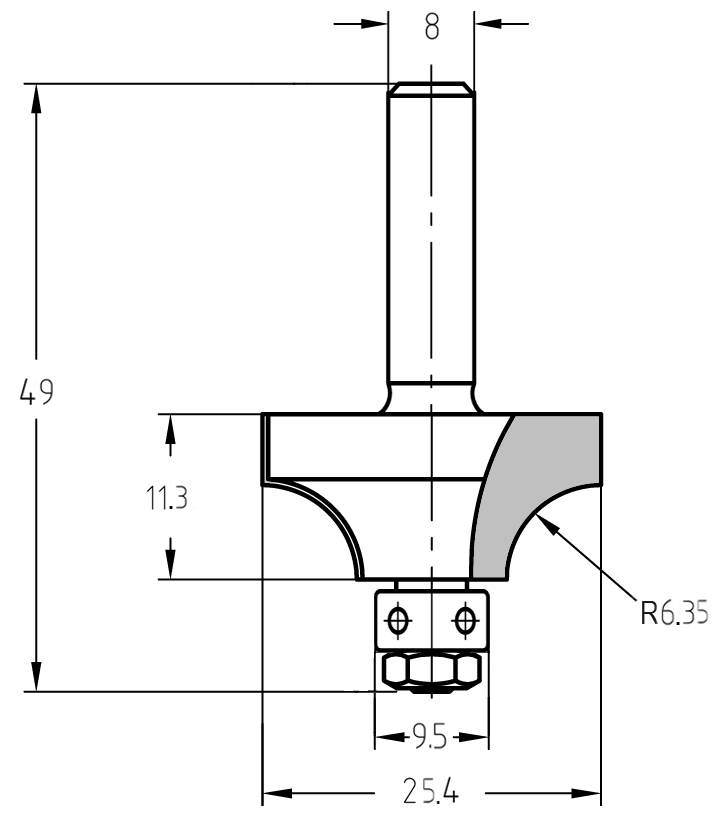 Technische Maßzeichnung des JSO Viertelstabfräsers R 6,35 mm mit Angaben für Durchmesser (25,4 mm), Nutzlänge (11,3 mm) und Gesamtlänge (49 mm).
