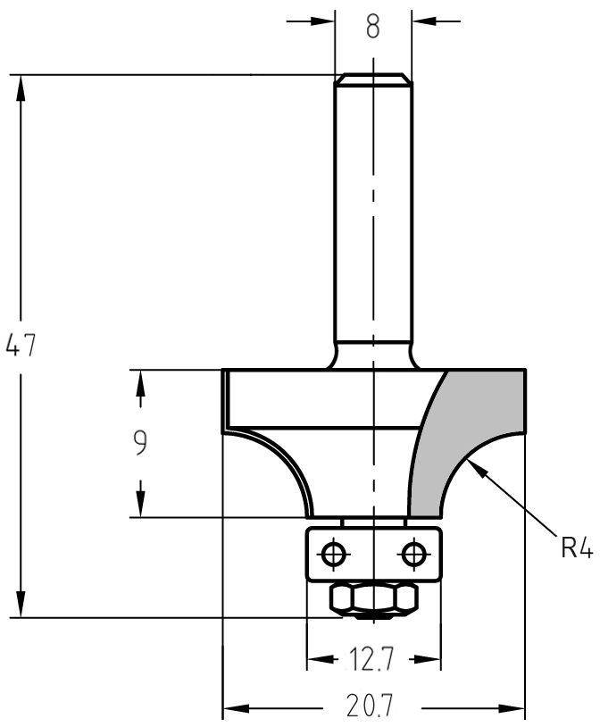 Technische Zeichnung JSO Abrundfräser R 4 mm mit Bemaßung: Durchmesser 20,7 mm, Nutzlänge 9 mm, Gesamtlänge 47 mm und Kugellager-Führung.