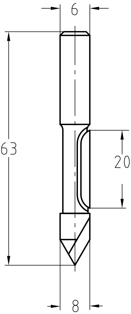 Technische Detailzeichnung des JSO Ausschnittfräsers mit Darstellung der HW-Eintauchschneide und Maßen.