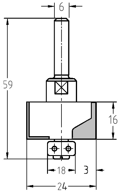 Technische Maßzeichnung des JSO Falzfräsers mit T=3 mm, Falzhöhe 16 mm und 6 mm Schaftanschluss.