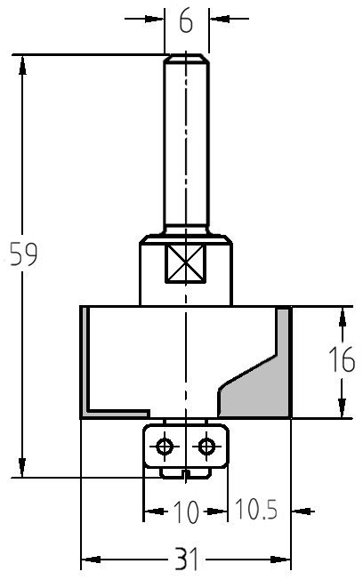 Technische Maßzeichnung des JSO Falzfräsers mit 6 mm Schaft, 10,5 mm Falztiefe und 16 mm Nutzlänge.