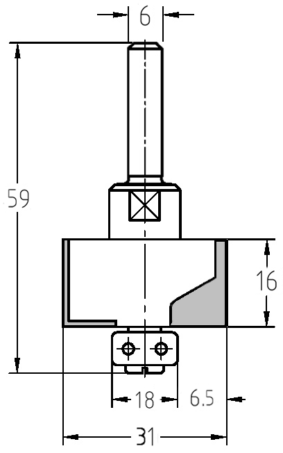 Technische Maßzeichnung des JSO Falzfräsers mit 6,5 mm Falztiefe und 16 mm Nutzlänge.