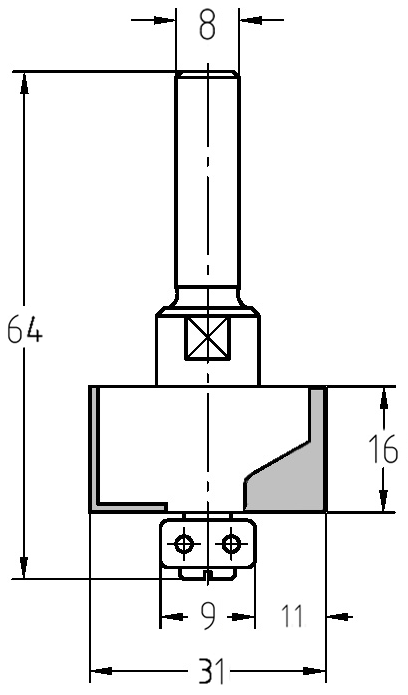 Technische Maßzeichnung des JSO Falzfräsers mit 11 mm Falztiefe und 16 mm Nutzlänge.