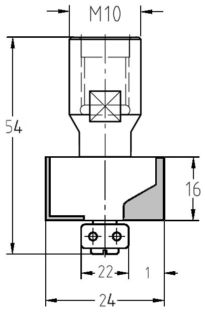 Technische Maßzeichnung des JSO Falzfräsers mit M10-Gewindeaufnahme, Falztiefe 1 mm und Nutzlänge 16 mm.