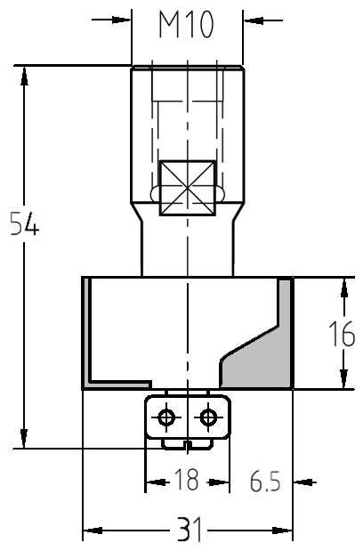 Technische Maßzeichnung des JSO Falzfräsers mit M10 Gewinde, 6,5 mm Falztiefe und 16 mm Nutzlänge.