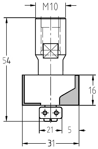 Technische Maßzeichnung des JSO Falzfräsers mit M10 Gewinde, 5 mm Falztiefe und 16 mm Nutzlänge.