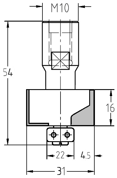 Technische Maßzeichnung des JSO Falzfräsers mit M10 Gewinde, 4,5 mm Falztiefe und 16 mm Nutzlänge.