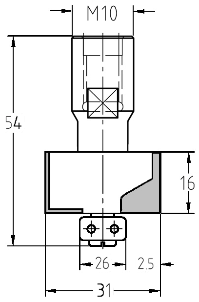 Technische Maßzeichnung des JSO Falzfräsers mit M10 Gewinde, 2,5 mm Falztiefe und 16 mm Nutzlänge.