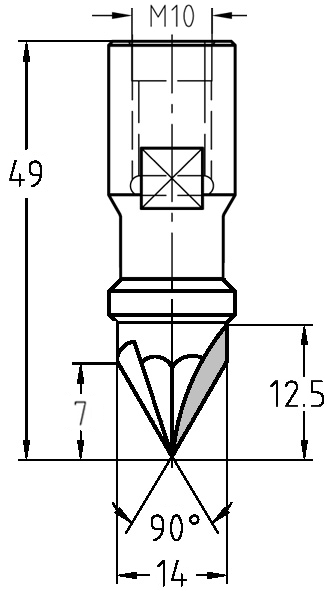 Maßzeichnung JSO 90° V-Nutfräser: Durchmesser 14 mm, Faselänge 7 mm, Gesamtlänge 49 mm.