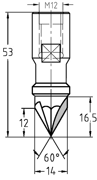 Maßzeichnung JSO 60° V-Nutfräser: Durchmesser 14 mm, Faselänge 12 mm, Gesamtlänge 53 mm.