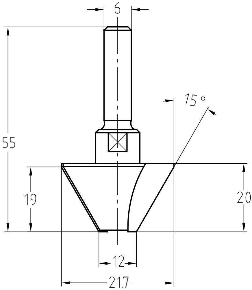 Maßzeichnung Fasefräser 15 Grad: Oberer Durchmesser 21,7 mm, unterer Durchmesser 12 mm, Faselänge 19 mm.