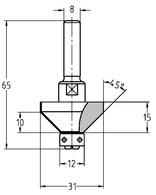 Maßzeichnung Fasefräser 45 Grad mit Lager: Durchmesser 31 mm, Anlauflager 12 mm, Nutzlänge 15 mm.