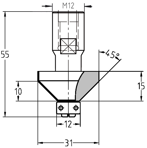 Maßzeichnung Fasefräser 45 Grad mit Lager: Durchmesser 31 mm, Anlauflager 12 mm, Nutzlänge 15 mm, M12-Anschluss.
