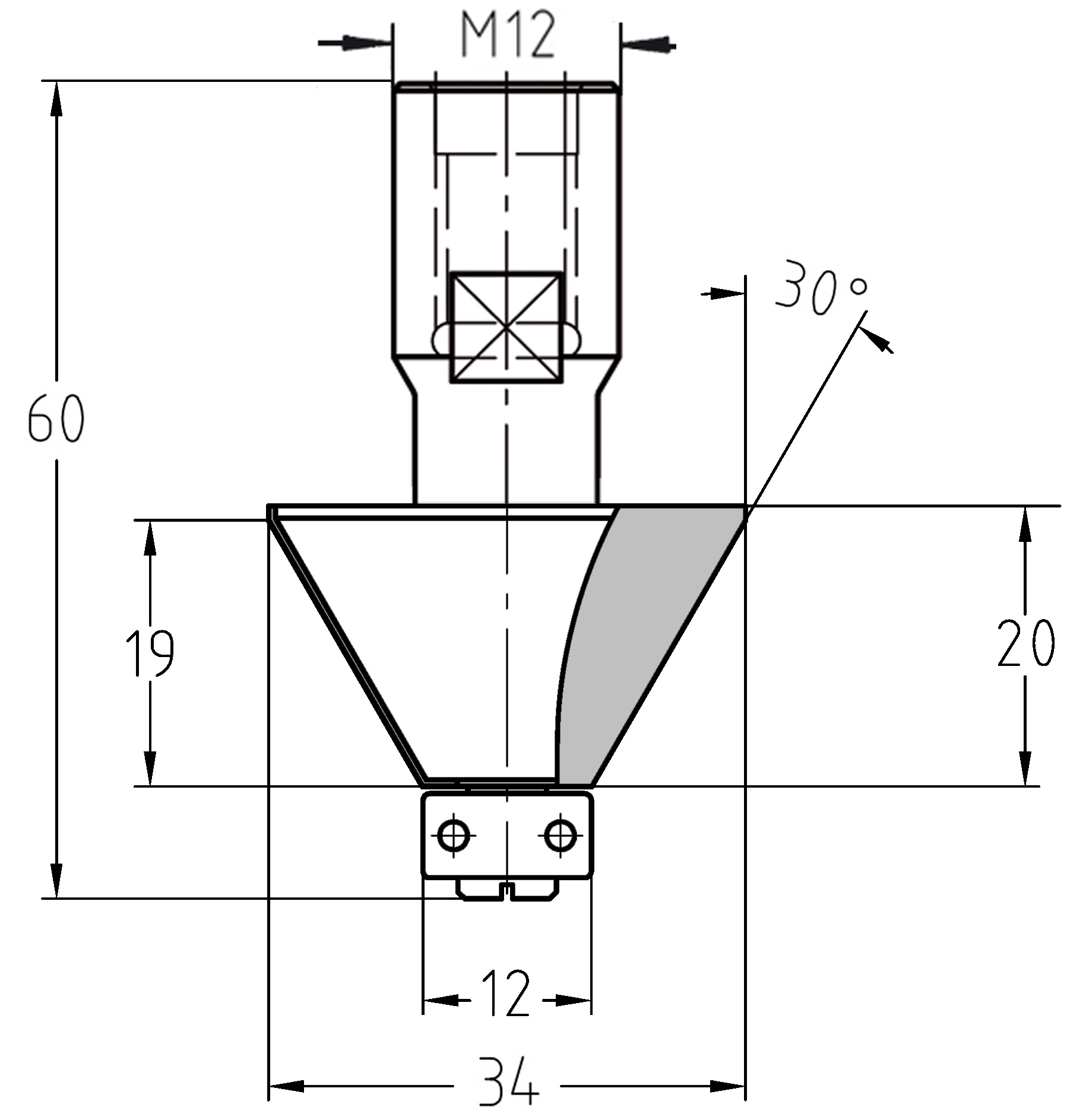 Maßzeichnung Fasefräser 30 Grad mit Lager: Durchmesser 34 mm, Anlauflager 12 mm, Nutzlänge 20 mm, M12-Gewindeanschluss.