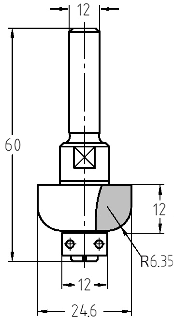 Maßzeichnung des Halbhohlkehlfräsers mit Radius 6,35 mm, 24,6 mm Durchmesser und Darstellung des 12 mm Anlauflagers.
