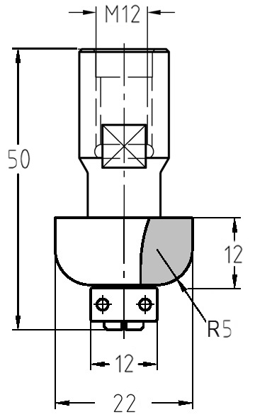Maßzeichnung des Halbhohlkehlfräsers mit Radius 5 mm, Durchmesser 22 mm, M12-Gewindeanschluss und 12 mm Anlauflager.