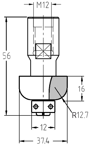 Maßzeichnung des Halbhohlkehlfräsers mit Radius 12,7 mm, Durchmesser 37,4 mm, M12-Gewindeanschluss und 12 mm Anlauflager.