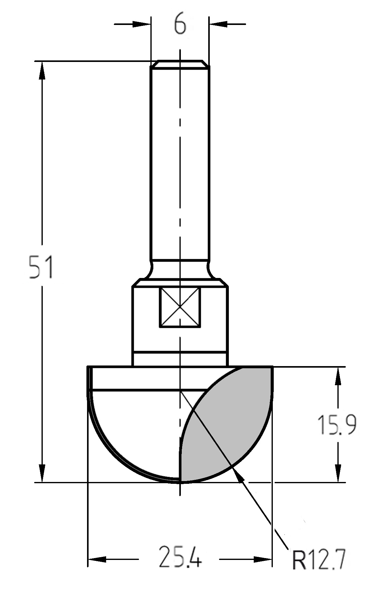Maßzeichnung des Hohlkehlfräsers: Radius 12,7 mm, Außendurchmesser 25,4 mm, Nutzlänge 15,9 mm und Gesamtlänge 51 mm.